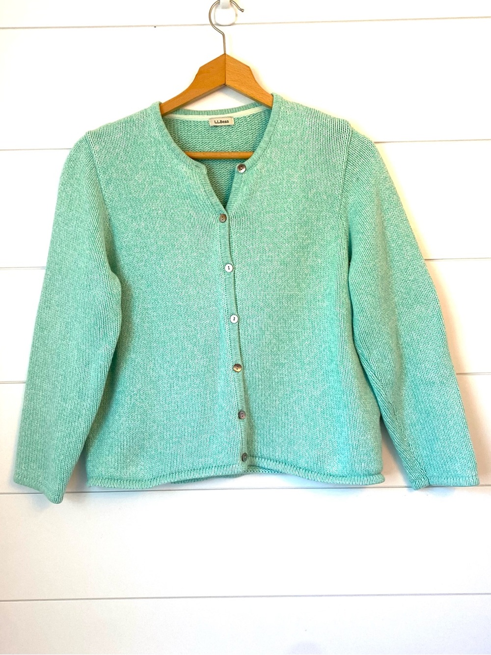 L.L. Bean Seafoam Green Knit Button-Front Cardigan (size medium) (100% cotton)